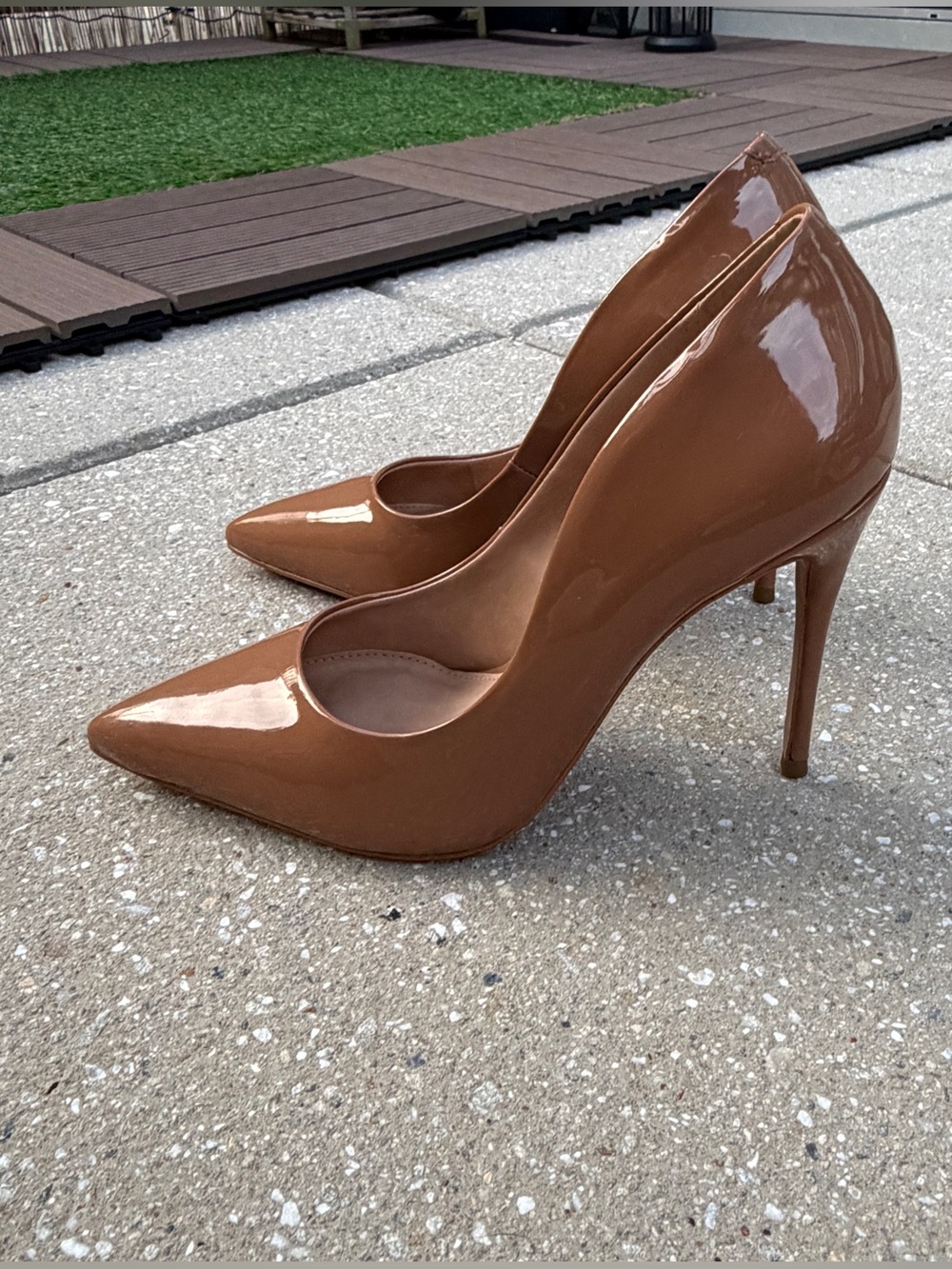 Patent Leather Pointed-Toe Stiletto Pumps in Brown- Steve Madden “Daisie”